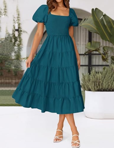 Image of ZESICA Women's 2026 Summer Puff Sleeve Midi Dress 2026 Boho Solid High Waist Flowy Beach Wedding Guest Long Dresses