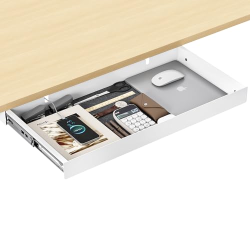 Image of Under Desk Drawer,20.1 inch Carbon Steel Slide-Out Under Table Storage Organizer With Full Extension Ball-Bearing Slides,Undermount Drawer For Standing Desk & Home Office,White