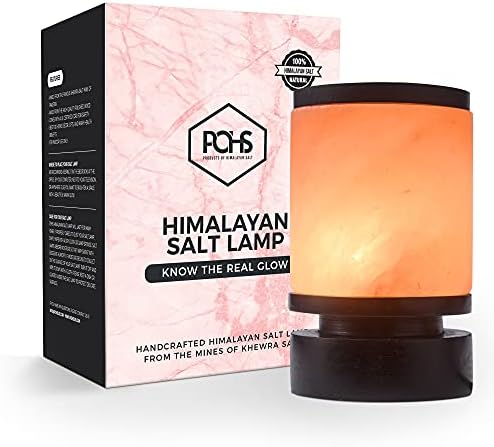 POHS 100% Natural Himalayan Cylinder Shape Crystal Rock Salt Lamp Hand Carved from Himalayan Mountains Hand Crafted Premium Wood Base, UL-Listed Dimmer Cord 8 lbs & Extra Light Bulb
