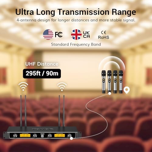 TONOR Wireless Microphones System, 4*10 Channel Metal Professional UHF Cordless Dynamic Handheld Mics with Receiver for Home Karaoke, Meeting, Party, Church, DJ, Wedding, KTV, 295ft, TW-840 Silver&Red
