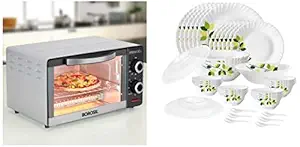 Green Leaves Silk Series Opalware Dinner Set, 35 Pieces, White+Borosil Prima 10 L OTG, with 3 Cooking Modes, 1000 W, Silver