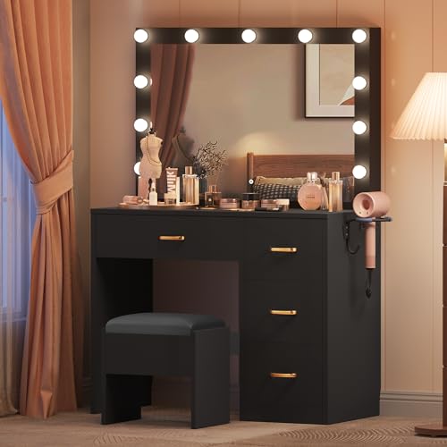 YITAHOME Schminktisch mit Spiegel Kosmetiktisch mit 4 Schubladen Frisiertisch mit Hocker Beleuchtung Steckdose Schwarz (Make Up Tisch Frisiertisch Kosmetiktisch Vanity Table)