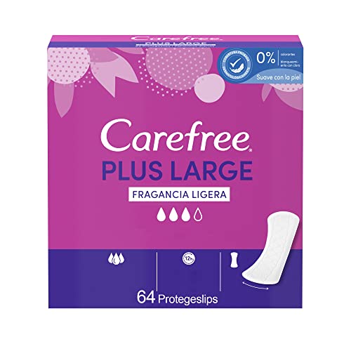 Carefree Plus Large Sin Fragancia Protegeslips (64 unidades), protegeslips transpirables y con núcleo superabsorbente sin perfumes, protege slips anchos y discretos