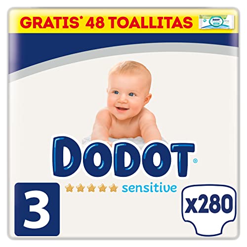 Dodot Pañales Bebé Sensitive Talla 3 (6-10 kg), 280 Pañales + 1 Pack de 48 Toallitas Gratis Aqua Plastic Free, Óptima Protección de la Piel de Dodot, Pack Mensual