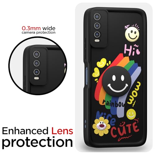 Image of Pikkme Back Cover for Vivo Y12s / Y20 / Y20i / Y20G | Soft Silicone| Cute Rainbow Smile & 3D Cartoon Flower Design | Shockproof Raised Camera Protection Bumper Case (Black)
