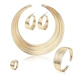 ORAZIO Bib Choker Statement Necklaces for Women Cuff Bracelet Open Hoop Stud Earrings Ring African Chunky Costume Jewelry Set