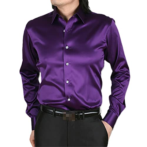 Chemise en satin pour homme - Coupe régulière - En soie brillante - Style décontracté - Sans plis - Violet - Taille M