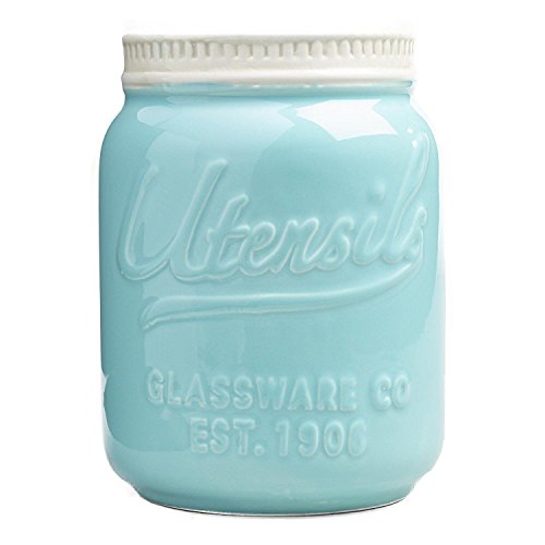 image for Sparrow Decor Blue Ceramic Mason Jar Utensil Holder - Great Organizer 