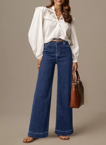 Image of Dokotoo Women's Casual High Waisted Jeans Stretch Wide Leg Loose Denim Pant