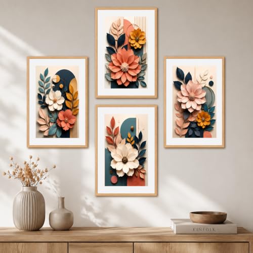 Image of Livin'luxe Set of 4 3D-Effect Floral Botanical Wall Paintings with Sparkle Laminate and Premium Wooden Synthetic Frame for Living Room Bedroom Office Decor (13.5 x 19.5 Inch)