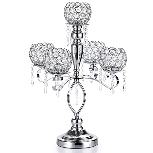 OwnMy 5 Arms Crystal Bowl Tealight Candelabra Votive Candle Holders, Decorative 5-Arms Crystal Tea Light Candlestick Candle Stand Elegant Candle Centerpiece for Wedding Table Living Room Decor, Silver