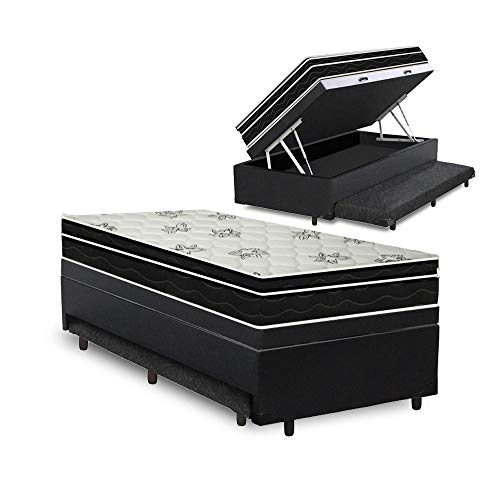 Cama Box Baú e Auxiliar Solteiro + Colchão Molas - Physical Nanolastic - Ortobom (Preto)