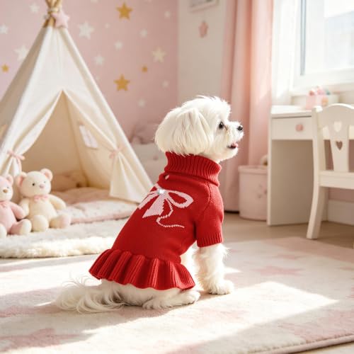 Image of YUDODO Bowknot Dog Sweater Dress for Small Dogs Girl, Stretchy Pet Clothes