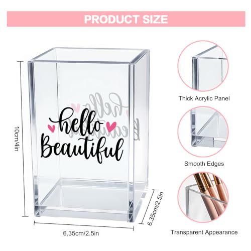 Image of Hello Beautiful Acrylic Makeup Brush Organizer Holder, Positive Affirmation Desk Acrylic Brushes Storage, Make Up Artist Gifts, Morning Affirmation Gifts for Her Wife Sister Friend Makeup Lover