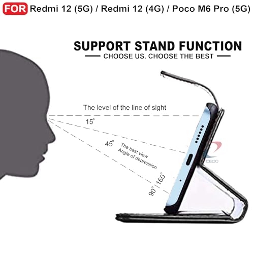 Image of CEDO Flip Cover for Redmi 12 (5G) / Redmi 12 (4G) / Poco M6 Pro (5G) | Leather Finish | Inside Pockets & Inbuilt Stand | Shockproof Wallet Style Magnetic Closure Back Case Flipcover (Black)