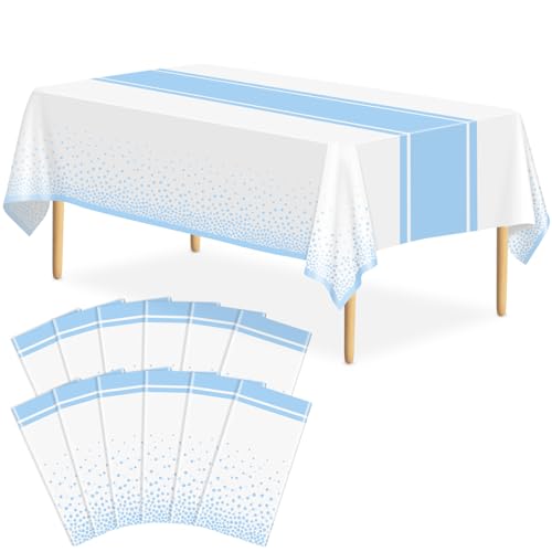Image of 12 Pack White and Light Blue Tablecloth Party Decorations Plastic White Tablecloth Printed Light Blue Table Runner 54 x108 Inch Disposable Rectangle Table Cover for Birthday Graduation