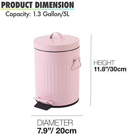 Bathroom Bin with Lid, Small Pink Trash Bin Wastebasket For Home Bedroom With Lid, Round Waste Bin Soft Close, Retro Vintage Garbage Metal Bin For Office, 5 Liter / 1.3 Gallon, Glossy Pink