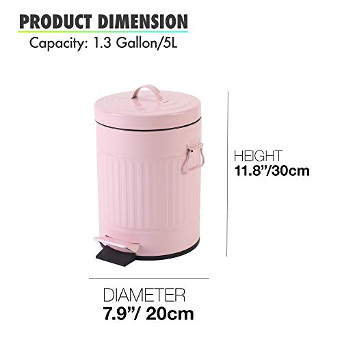 Bathroom Trash Can With Lid, Small Trash Can Wastebasket For Home Bedroom With Lid, Round Waste Bin Soft Close, Retro Vintage Garbage Metal Cans For Office, 5 Liter / 1.3 Gallon, Glossy Pink #TOP2