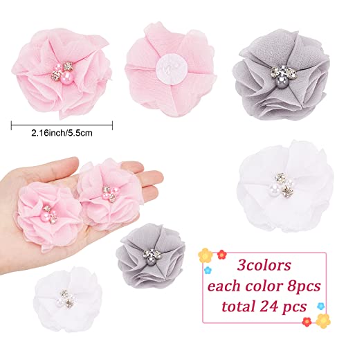 CRASPIRE 24PCS Chiffon Flowers Rhinestone Pearl Silk Flowers Pink White Grey Fabric Flowers DIY Craft Making Accessories for Hair Bow Cloth Brooch Bridal Decoration - Image 2