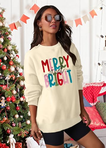 Image of Christmas Sweatshirt Women Merry and Bright Christmas T-Shirt Funny Xmas Lights Blouse Tops Holiday Shirts