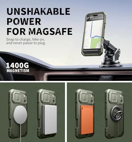 Image of Dexnor for iPhone 17 Pro Max Case, [2 Front Frame & Built-in Flip Camera Cover & Kickstand], Compatible Wireless Charging, Heavy-Duty Shockproof Case with Screen Protector, 6.9 inch Army Green