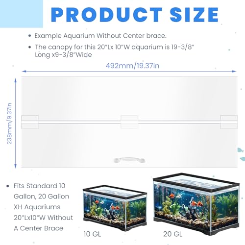 Image of Sieral Aquarium Polycarbonate Canopy Set 19.37 x 9.37 x 0.12 Inch for 10 /20 Gallon Without Center Brace Aquariums Cover Fish Tank Lid with a Hook Knife, Clear