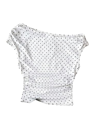 SOLY HUX Girl's Polka Dots T Shirt Off The Shoulder Cap Sleeve Ruched Tee Slim Fit Summer Crop Tops