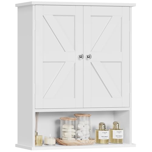 Image of TEENFON Bathroom Wall Cabinet, Over The Toilet Space Saver Storage with Barn Doors & Adjustable Shelf, Hanging Medicine Cabinet, White 7.1" D x 15.4" W x 19.3" H UNGGX003WV1