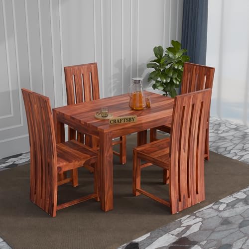 Image of 45 Inches Length Solid Sheesham Wood 4 Seater Dining Table Set | Four Seater Dinner Table with 4 High Chairs | Dinning Table Set 4 Seater for Living Room| Honey Finish
