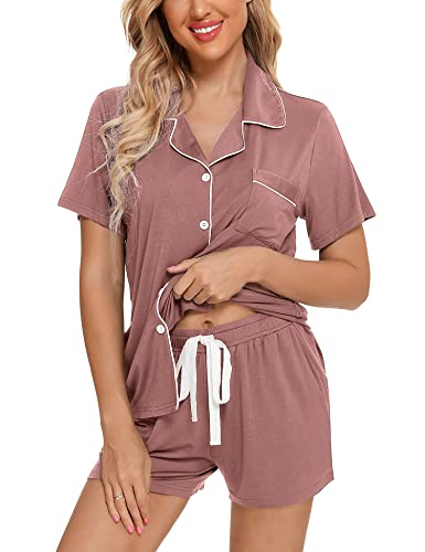 Image of Anjue Womens Pajamas Set Short Sleeve Button Down Soft Pj Sets S-XXL | V neck,Pyjamas,Modal,Wedding,Pijamas de mujer,Bridal party,Viscose,Knit,Cute,Lounge,Lightweight,Nursing,Holidays