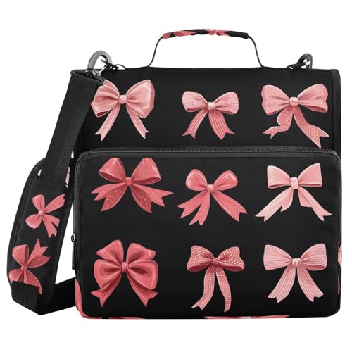 Image of 3 Ring Zipper Binder with Shoulder Strap Pink Red Bow Black 1.5 inch Binders Keeper Large Capacity Multi Pockets for School Office Supplies