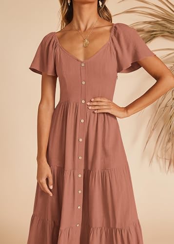 KIRUNDO Women 2025 Spring Summer Casual Short Sleeve Midi Dress Button V Neck Tiered Vacation Sundress with Pockets4