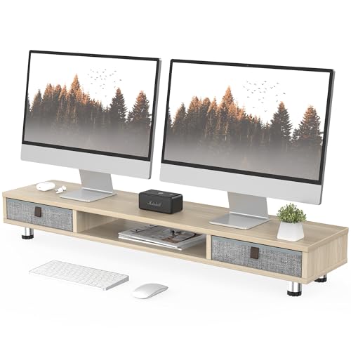 Fenge Réhausseur d'Écran d'Ordinateur 2 Niveaux Grand Moniteur Stand avec Tiroir de Stockage pour 2 Moniteurs ,TV,PC,Imprimante 108 x23,5x(15,2-16,7) cm...