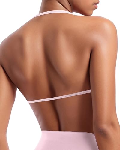 Image of OMKAGI Halter Sports Bras for Women Padded Strappy Bra Open Back Workout Gym Crop