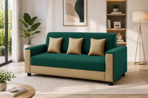 Image of 3 Seater Wooden Sofa | Velvet Fabric Couch with Cushions | Comfortable Living Room Sofa | Sturdy Wooden Frame | Home & Office Furniture | Green & Beige