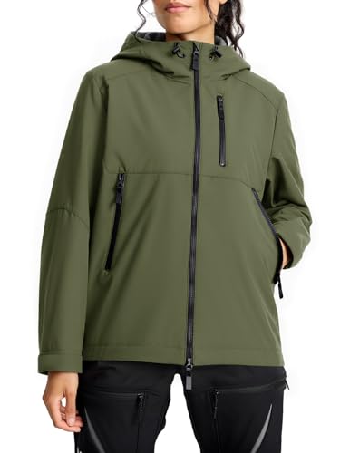 Fiosew Chaqueta impermeable para mujer, chaqueta de forro polar, cortavientos, chaqueta ligera de entretiempo, chaqueta funcional con capucha, Verde militar., M