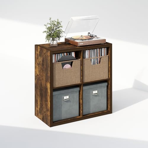 Image of Furinno Cubicle Record Player Stand, 4-Cube Record Storage, Amber Pine | Vinyl Storage, 1.2 inchInch Extra Thick, Open Back Media Shelf for CD DVD Bluray Game Disc, for Living Room, Home Office