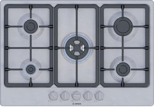 Bosch PGQ7B5K90 Série 4, Cuisinière à gaz, Brûleur WOK: puissance jusqu'à 3.3 kW, grilles en fonte, acier, 75 cm, Inox
