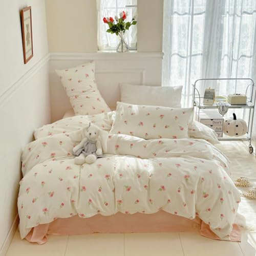 Image of Nayoroom Pink Floral Duvet Cover Twin Size Cute Tulip Printed on White Comforter Cover 2Pcs Kids Girls Kawaii Cottagecore Bedding Set with Zipper Closure Soft Breathable Microfiber