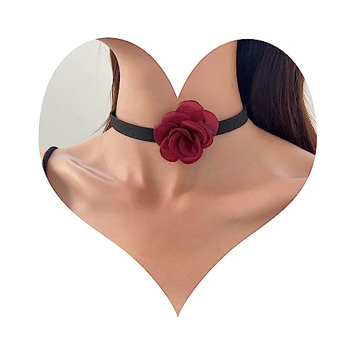Wendalern Terciopelo Negro Flor Collar Gargantilla Collar de flores de rosa roja de satén Camelia Flor Collar de encaje collar gótico corto de terciopelo collar de cadena de joyería para las mujeres