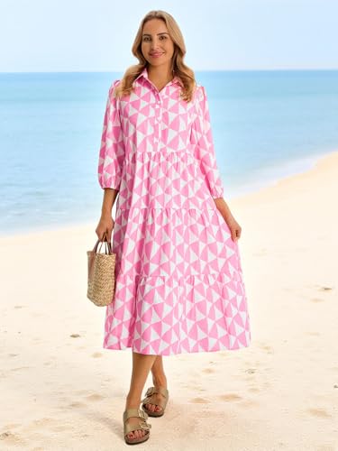 Image of Wenrine Womens Casual 3 /4 Sleeve Shirt Dress Button Down V Neck Tiered Collared Flowy Maxi Dress