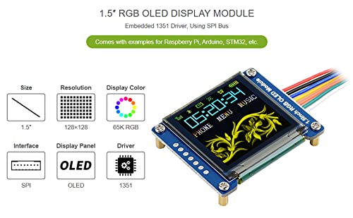 Image of waveshare 1.5inch RGB OLED Display Module, 128x128 Pixels 16-bit High Color (65K Colors) SPI Interface Compatible with Arduino Raspberry Pi Jetson Nano STM32