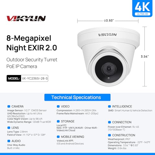 Image of VIKYLIN 4K 8MP PoE IP Camera Outdoor, 4K PoE Turret Camera with Human Vehicle Detection,2.8mm Lens, 98ft EXIR2.0 Night Vision,Built-in Mic, WDR,IP67 Weatherproof, Plug & Play,Blue Iris, NDAA Compliant