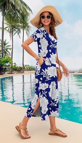 Image of MISFAY Womens Maxi Dress Short Sleeve V Neck Loose with Pockets | Soft stretchy breathable, v neck loose fit, side split hem, two side pockets, casual daily beach vacation travel dress