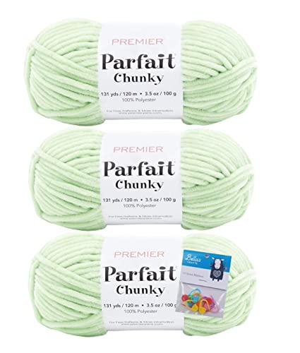 Image of Premier Yarns Parfait Chunky Chenille Yarn 3.5 Oz Super Bulky Weight 3 Pack Bundle with Bella's Stitch Place Holders (Key Lime)