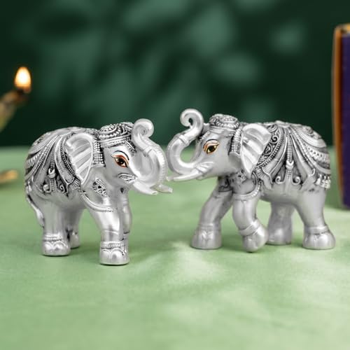 Image of Ekhasa 999 Pure Silver Plated Elephant Pair Showpiece with Gift Box | Silver Idol Set Home Decor Office Desk | Good Luck Feng Shui Vastu Animal Pair Religious Housewarming Griha Pravesh Gift
