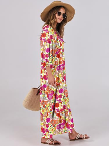 Image of ANRABESS Womens Boho Floral 3 /4 Puff Sleeve Maxi Dress | Tiered Flowy Loose Fit, Comfy Soft Rayon Fabric, Wedding Guest Church Beach, Modest Elegant, Spring Summer Fall Outfits