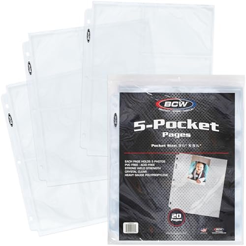BCW Pro 5-Pocket Photo Page (20 Count) | Archival Quality, Acid-Free | Photo Card Sleeves for Postcards | Fits 3-Ring Binders | Perfect for Photocard Binder Sleeves, Collectible Trading Card Albums