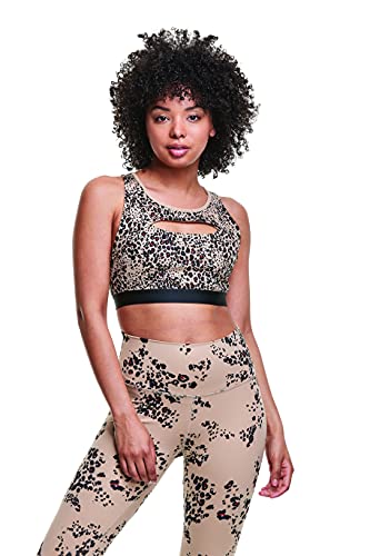 Champion Women's Soft Touch Eco Cutout Sports Bra, Mini Leopard Flow Country Walnut, Medium