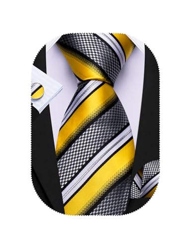 Image of Barry.Wang Man Stripe Ties Set Silk Woven Pocket Square Necktie Cufflinks Formal Party Business